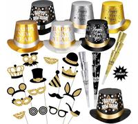 22 Pièces Bonne Année 2026 Nouvel an fête Fournitures Kit de Décorations, Noir Or Happy New Year Chapeaux de Cône Bandeau Cornes Sifflet Colliers, Photobooth pour Fête du Nouvel an Fournitures
