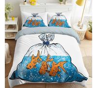 220 x 240 Bleu Parure de Lit Dessin Animé Mignon Art Moderne Abstrait Minimaliste Original Insolite Imprimée Parure de Lit Sac en Plastique Transparent Poisson Rouge Housse de Couette Adulte