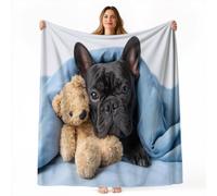 220 x 240 cm Bleu Naturel Animaux Couverture Douce Douillette | Photographie Bouledogue Français Ours En Peluche Plaid Moelleuse Flanelle Polaire Couverture, Couvertures pour Enfant Adulte