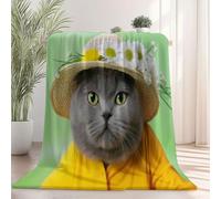 220 x 240 cm Couverture Polaire Flanelle, Vert Jaune Animaux Mignons Chats Fleurs Imprimé Automne Chaude Douce Couvertures en Sherpa de Lit Couvre-lit Jeté de Canapé, Convient Adulte et Enfant