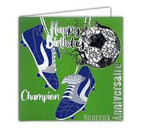AFIE 22032 Carte Carrée Argentée Heureux Anniversaire Happy Birthday Ballon de Foot Football Chaussures à crampons Idée Cadeau pour Supporter Supportrice du Championnat d'Europe