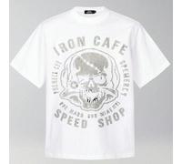 220g Pure Cotton Short Sleeved Single-Sided Printed T-Shirt, A black and white illustration of a skull with a chain around its neck and the words "Iron Cafe" and "Speed Shop" in bold letterin Composit