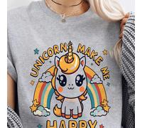 220g Pure Cotton Short Sleeved Single-Sided Printed T-Shirt, A cute cartoon unicorn with a rainbow and the text unicorn make me happy, Retro Hip-Hop Style, Street Y2K,Unisex T-Shirt,Holiday Ess Compos