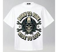 220g Pure Cotton Short Sleeved Single-Sided Printed T-Shirt, A skull wearing a helmet with crossed wrenches around it, with the words "born to ride, ride to live" in bold lettering, Retro Hip Composit