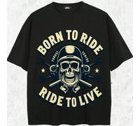 220g Pure Cotton Short Sleeved Single-Sided Printed T-Shirt, A skull wearing a helmet with crossed wrenches and a wrench wrench emblem, with the words "born to ride, ride to live" in bold let Composit