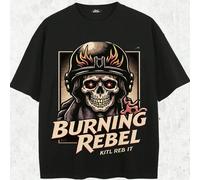 220g Pure Cotton Short Sleeved Single-Sided Printed T-Shirt, A skull wearing a helmet with flames and the words "burning rebel" in bold lettering, Retro Hip-Hop Style, Street Y2K,Unisex T-Shir Composi