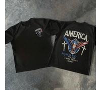 220g Pure Cotton Short Sleeved Single-Sided Printed T-Shirt DIY, A poster featuring the Statue of Liberty holding a torch and a book, with the text "God bless the USA" in bold lettering, Funn Composit