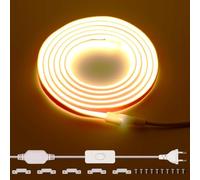 220V Ruban LED COB Exterieur Etanche 2M, 288 Leds/m Strip Blanc Chaud 3000K sans Transformateur, Flexible Découpable Bande LED avec interrupteur IP65 pour la décoration intérieure, Chambre, la cuisine