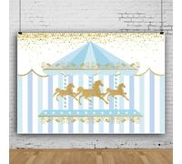 220x150cm carrousel Photographie Fond Dessin animé Parc d'attractions scène Bleu Or carrousel Toile de Fond Or étincelant Bleu Blanc Couture Fond pour bébé Douche fête bannière