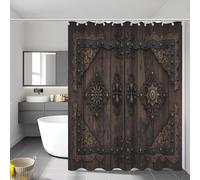 220X200Cm Ensemble De Rideaux De Douche À Métal Vintage Grain De Bois, Rideau De Salle De Bain en Architecture Médiévale Anti Moisissure avec Crochets, Rideaux De Douche Extra Longs À Brun Rouille