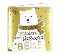 22111 Carte avec Enveloppe Carrée 15x15cm FÉLICITATIONS pour la NAISSANCE de BÉBÉ pour Garçon ou Fille en Or Doré Brillant en relief texturé Ours Blanc Nounours Doudou Enfant -Fabriqué en France