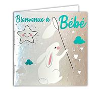 22112 Carte avec Enveloppe Carrée 15x15cm Bienvenue à BÉBÉ Garçon/Fille FÉLICITATIONS Naissance ou Adoption Ciel Argenté Brillant texturé Lapin Décrocher étoiles Rêves -Fabriqué en France Doré