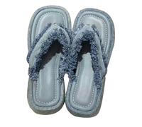 222 Tongs légères pour femme 2025 en denim avec design et pantoufles à talon haut, tendance, confortables pour l'intérieur et l'extérieur, les vacances, l'été, les vacances, bleu, 4 UK 3X-Narrow