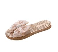 222 Tongs légères pour femme 2025 Mode printemps et été Pantoufles Espadrilles avec nœud à fond plat pour intérieur et extérieur Vacances d'été Vocation, beige, 37.5 EU