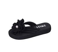 222 Tongs légères pour femme 2025 tendance d'été en daim de couleur unie avec fleur et perles décoratives à bout ouvert pour intérieur et extérieur, vacances, vacances d'été, vacances, Noir , 39.5 EU