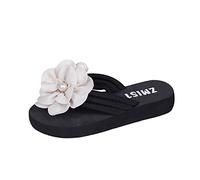 222 Tongs légères pour femme 2025 tendance d'été en daim de couleur unie avec fleur et perles décoratives à bout ouvert pour intérieur et extérieur, vacances, vacances d'été, vacances, beige, 39 EU