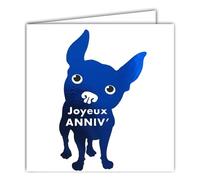 22216 Carte carrée Joyeux ANNIVERSAIRE sur Chien bouledogue bulldog Bleu Brillant qui regarde - Avec Enveloppe blanche 15x15cm Création Édition Impression Fabrication Française Collection Rêve de mots
