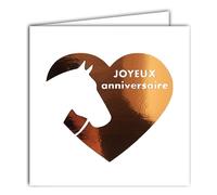 22218 Carte carrée Joyeux ANNIVERSAIRE Tête de Cheval sur Cœur Orange Cuivré Brillant - Avec Enveloppe blanche 15x15cm - Création Édition Impression Fabrication Française - Collection Rêve de mots