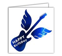 22229 Carte carrée Happy BIRTHDAY Guitare électrique Bleue Brillante avec des ailes rock - Avec Enveloppe blanche 15x15cm - Création Édition Impression Fabrication Française - Collection Rêve de mots