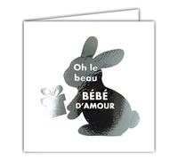22243 Carte carrée FÉLICITATIONS Oh le beau BÉBÉ d Amour Bienvenue Naissance ou Adoption Enfant Petit Lapin Argenté Brillant qui tient un cadeau - Avec Enveloppe blanche 15x15cm - Fabriquer en France