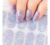 22pcs Vernis Autocollant Ongle Effet Semi-Permanent Nail Art Sticker Ongle Auto-Adhésif Couverture Complète Semi-Durci Manucure Décoration Pour Femme Fille (Bleu Pailleté)