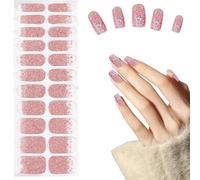 22Pcs Vernis Autocollant Ongle Effet Semi-Permanent Nail Art Sticker Ongle Auto-adhésif Couverture Complète Semi-Durci Manucure Décoration pour Femme Fille (Rose Pailleté Doré)