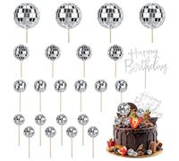 23 Pièces Accessoire Disco pour Gâteau, Boule à Facette Kit, Deco Disco Gateau avec Plaque « Happy Birthday », Petite Boule Disco pour Fêtes D'anniversaire, Cupcakes, Décorations sur Le Thème Rétro