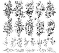 23 Tatouages Temporaires de Fleurs Noires- Tatouages Imperméables, Réalistes, Sexy, Rose, Orchidée, Petites Branches, Croquis, Faux Tatouages pour Femmes, Art Corporel, Bras, Cou, Mains
