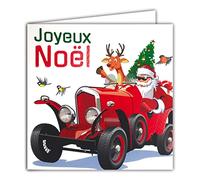 23005 Carte Carrée Père Noël Joyeux Voiture Rouge Brillante Renne Sapin Oiseaux Animaux Fêtes de fin d'année - Avec Enveloppe Blanche