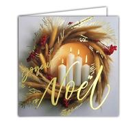23088 Carte carrée Joyeux Noël Doré Brillant avec Enveloppe Carrée Blanche Format 15x15cm - Couronne de Graminées Baies Rouges et 4 Bougies de l'Avent Allumées - Intérieur Blanc - Fabriqué en France