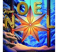 23089 Carte carrée Joyeux Noël Doré Brillant avec Enveloppe Carrée Blanche Format 15x15cm - étoile lumineuse éclairée suspendue devant une fenêtre sous la neige - Intérieur Blanc - Fabriqué en France