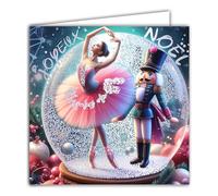 23090 Carte carrée Joyeux Noël Boule à Neige Argentée Brillante avec Enveloppe Carrée Blanche Format 15x15cm - Ballerine Danseuse étoile Tutu Rose et Soldat de bois Casse-Noisette - Fabriqué en France