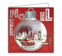 AFIE 23091 Carte carrée Joyeux Noël Traineau du Père-Noël dans une Boule à Neige Argentée Brillante avec Enveloppe Carrée Blanche Format 15x15cm - Renne Sapin - Fabriqué en France