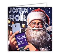 23092 Carte carrée Joyeux Noël Père-Noël Argenté Brillant avec Enveloppe Carrée Blanche Format 15x15cm - sms selfie smartphone - Fabriqué en France