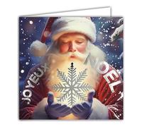 AFIE 23093 Carte carrée Joyeux Noël Père-Noël Flocon Argenté Brillant avec Enveloppe Carrée Blanche Format 15x15cm - Souffler sur la neige dans ses mains gantées - Fabriqué en France