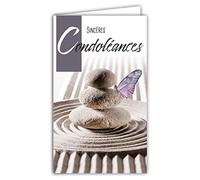 24-1028 Carte Sincères Condoléances Format 16x9,5cm avec Enveloppe Blanche Papillon Cairn Montjoie Galets Empilés Pierres Sable Jardin Zen Repos Âme - Fabriquée en France
