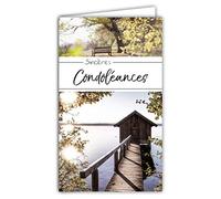 24-1044 Carte Sincères Condoléances Format 16x9,5cm avec Enveloppe Blanche Décès et Deuil - Paysage Banc Arbres Lac Cabane Ponton Bois Eau - Fabriquée en France