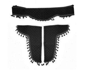 24/7 AUTO Ensemble de rideaux décoratifs pour camion, bus, poids lourd en cuir écologique noir 3 pièces, avec franges noires, coutures noires, en cuir synthétique matelassé Eco