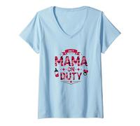24/7 Mama on Duty: Pink Camo Mom Life, Mama T-Shirt avec Col en V, Femme, Bleu Céleste, M
