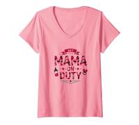 24/7 Mama on Duty: Pink Camo Mom Life, Mama T-Shirt avec Col en V, Femme, Rose, M
