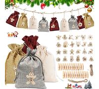 24 Calendrier de l'Avent, Noël Calendrier de l'Avent Sac, Calendrier de l'Avent à faire soi-même, Sacs de jute Noël Calendrier, avec étiquette numérique en bois et clip et corde de chanvre (D)