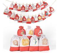 24 Calendrier de Noël Sachets, Calendrier de l'Avent Sachet, Calendrier de l'Avent à Remplir, Sac en Tissu de Calendrier de l'Avent, Calendrier de Sac en Tissu avec Clip en Bois (10 * 15cm)