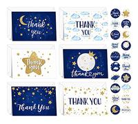 24 Cartes Thank You Étoiles Bleues avec Enveloppes et Stickers, Autocollants de Remerciements Feuille d'Or Bleu Notes de Remerciement de Délices Étoiles Cartes de Gratitude Étoiles Lune