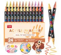 24 Couleurs Feutre Acrylique, Marqueurs à Pinceau Acryliques Double Pointe pour les tons chair, Acrylic Paint Marker pour les Portraits d'enfants et d'adultes, Acrylique Verre pour Bois, Céramique