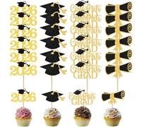 24 décorations pour cupcakes de remise de diplômes 2026, 4 styles de décorations pour gâteaux, décoration de gâteau avec toque et diplôme, panneau « Félicitations »