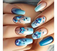 24 dégradés bleus pressés sur les ongles Ballerines courtes Faux ongles Fleurs Ongles acryliques Faciles à coller sur les ongles