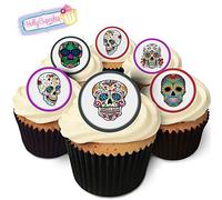 24 Edible Pre-Cut Wafer Round Cake Toppers: Day of the Dead / Día de Muertos