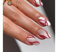 24 Faux Ongles Blanc Court Ovale Ligne Célébrations De Vacances Solution Manucure Rapide Presse Vacances Sur L'ongle Rouge Blanc Design