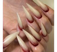 24 faux ongles couleur nude pour Halloween, effet sang sur le jade, longs et pointus, à presser, en acrylique, pour fête Y4
