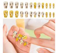 24 Faux Ongles, Faux Ongles Autocollants GLAMOURs Motif Abeilles Et Fleurs, Pointes Carrées Moyennes, Motif Floral Printanier, Texture Nid D'abeille 3D, Réutilisables Et Non Toxiques